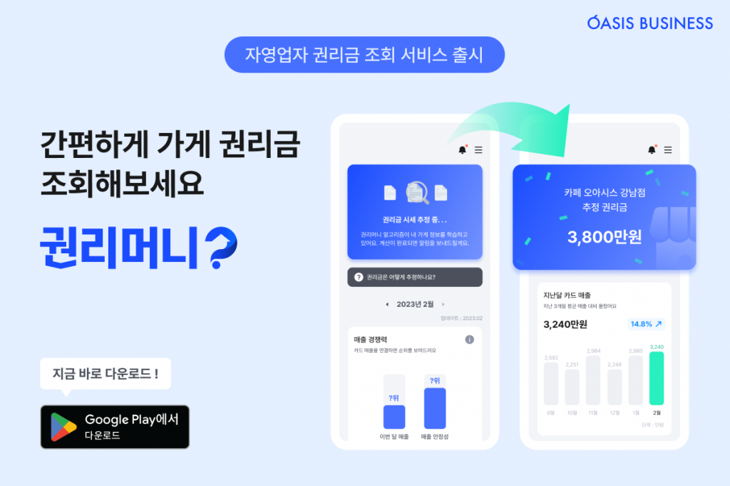오아시스비즈니스, 소상공인을 위한
AI 권리금 조회 앱 서비스 '권리머니' 출시