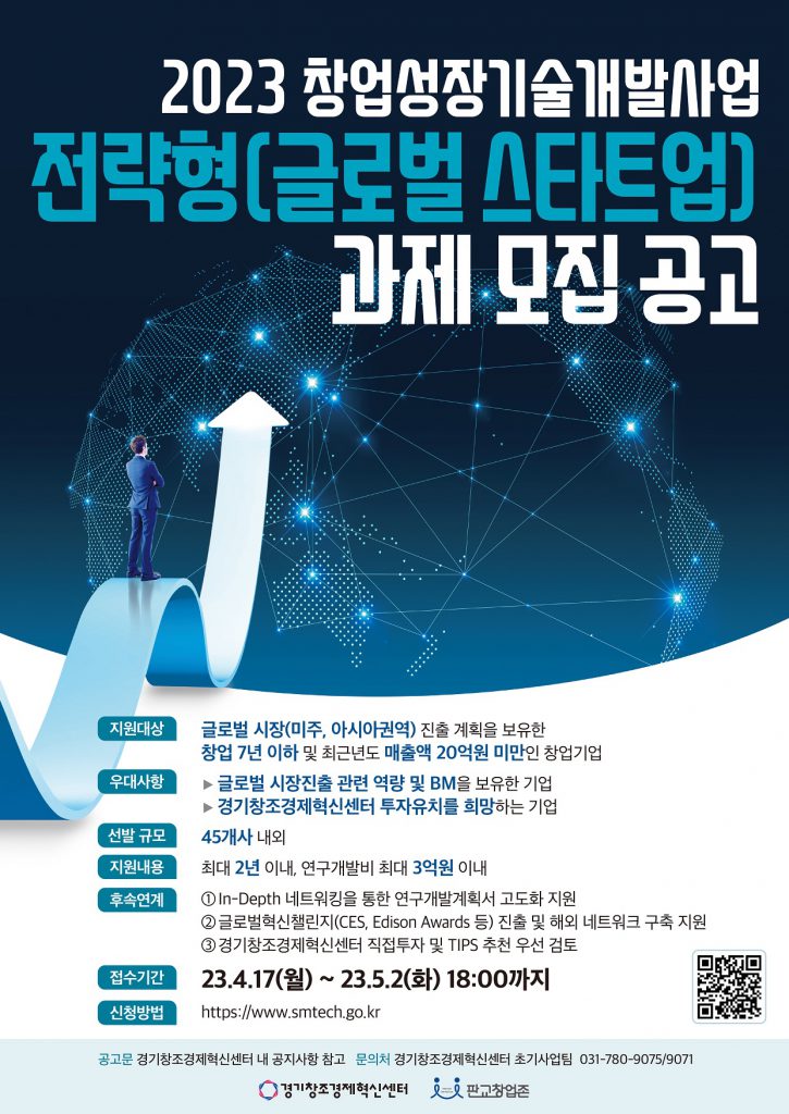 경기창조경제혁신센터,

‘2023 창업성장기술개발사업 전략형(글로벌)’ 추천기업 모집